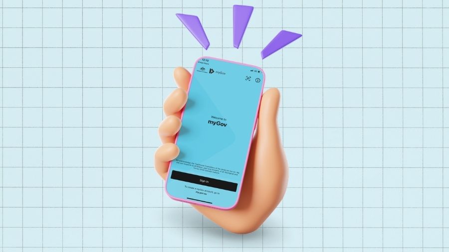 Graphic of a hand holding a phone with MyGov on the screen