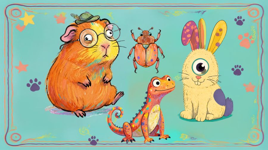 illustration of a guinea pig rabbit geck and bug