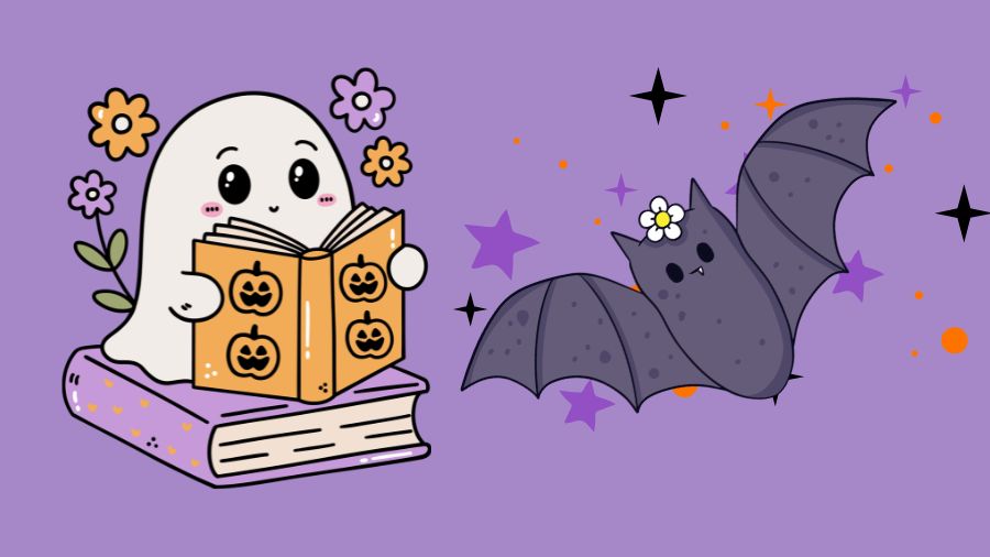 illustration of ghost reading a book and a cute bat