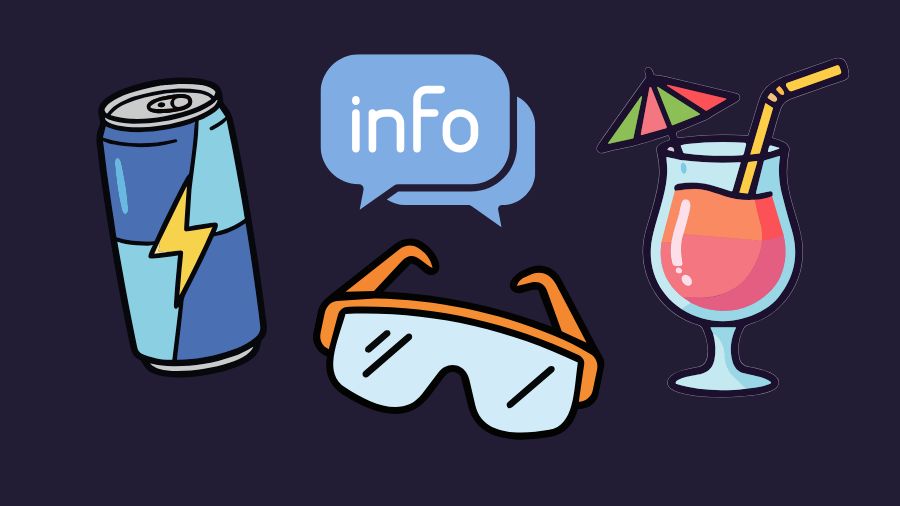 Illustration of an energy drink info speech bubble mocktail and goggles
